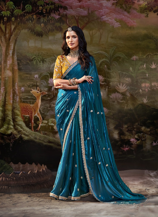 Peacock Blue Crush Satin Silk Designer Heavy Sequence Work Border Party Wear Saree