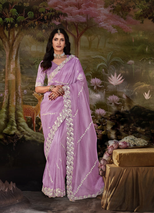 Lavender Glass Tissue Organza Designer Sequence Work Border Party Wear Saree
