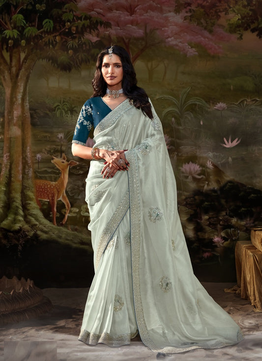 Silver Glass Tissue Organza Designer Heavy Sequence Work Border Party Wear Saree