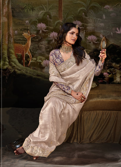 Beige Glass Tissue Organza Designer Sequence Thread Work Border Party Wear Saree