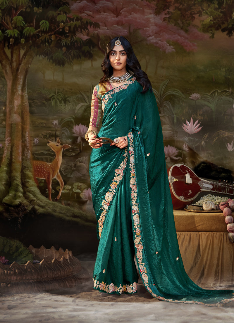 Peacock Green Crush Satin Silk Designer Sequence Work Border Party Wear Saree