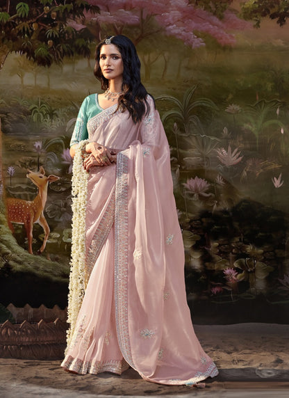 Baby Pink Glass Tissue Organza Designer Sequence Thread Work Border Party Wear Saree