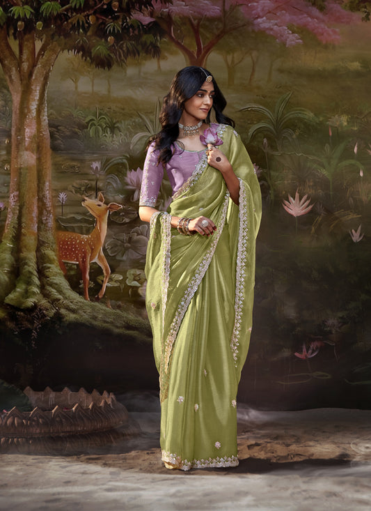 Olive Glass Tissue Organza Designer Sequence Thread Work Border Party Wear Saree