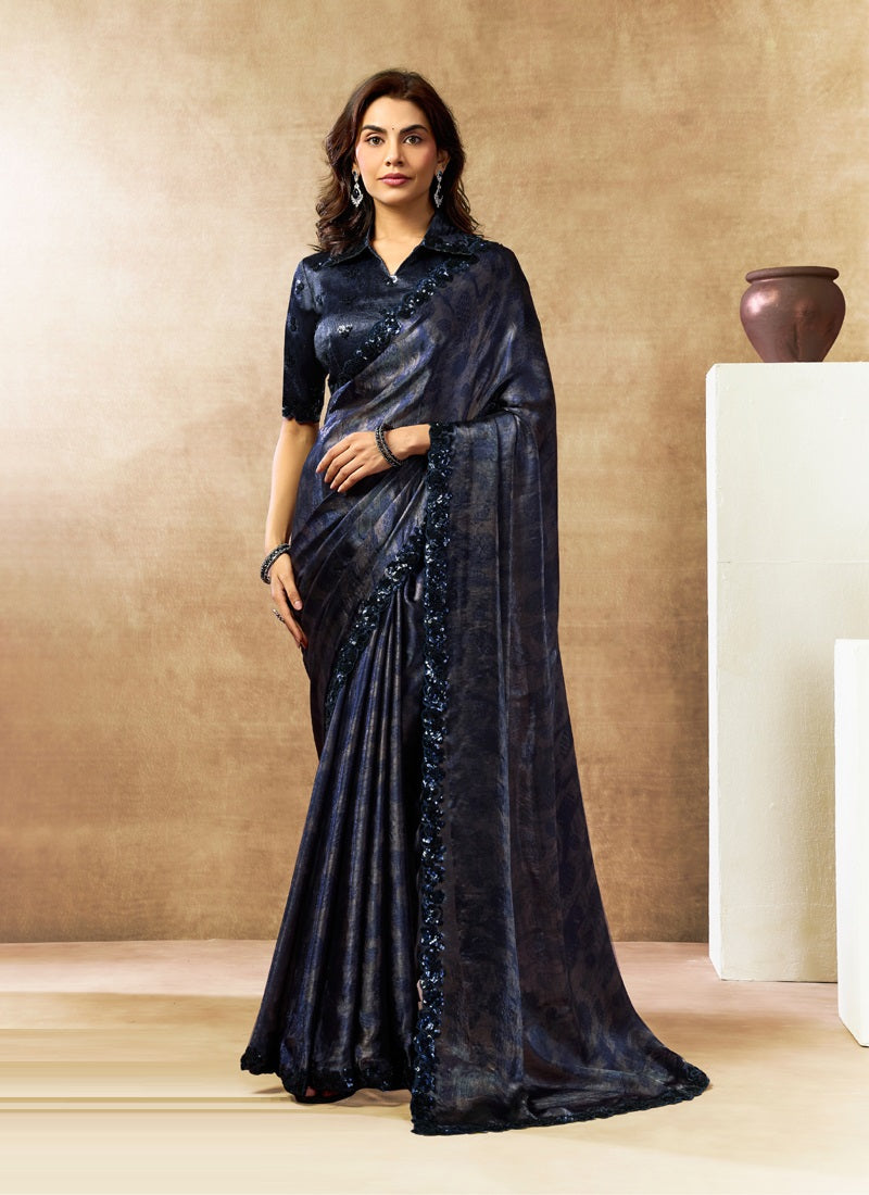 Two Tone Satin Silk Digital Print Embroidery Festival Wear Saree