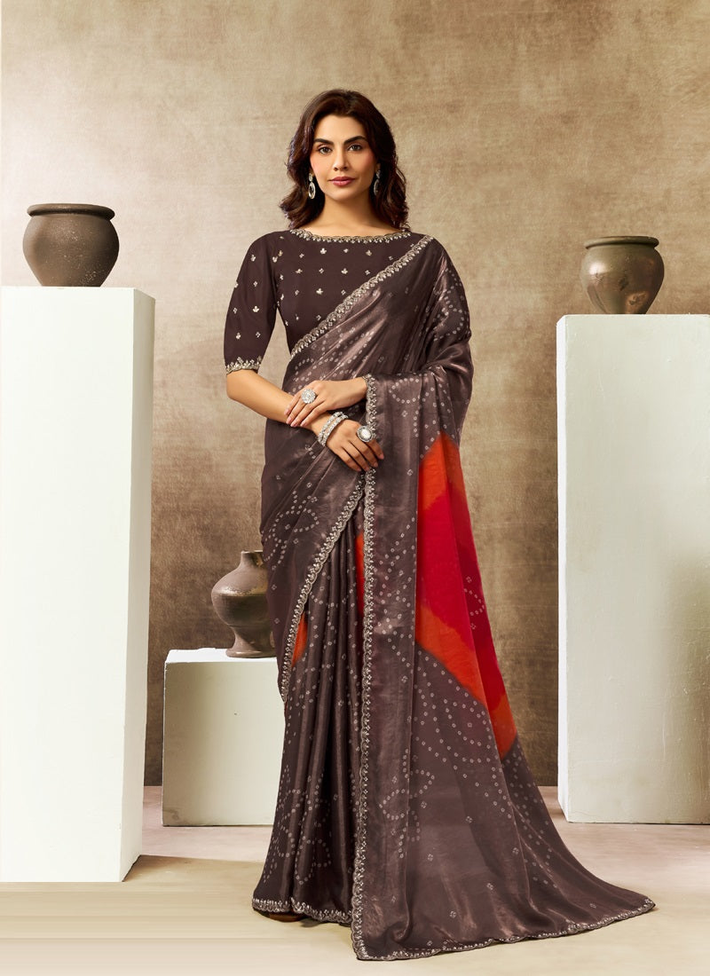 Two Tone Satin Silk Digital Print Embroidery Festival Wear Saree