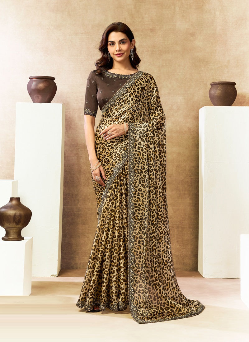Two Tone Satin Silk Digital Print Embroidery Festival Wear Saree