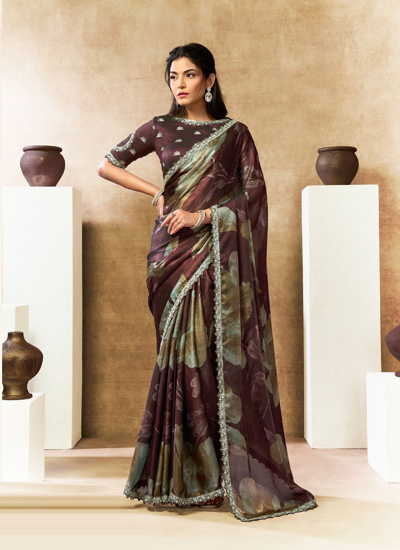 Two Tone Satin Silk Digital Print Embroidery Festival Wear Saree