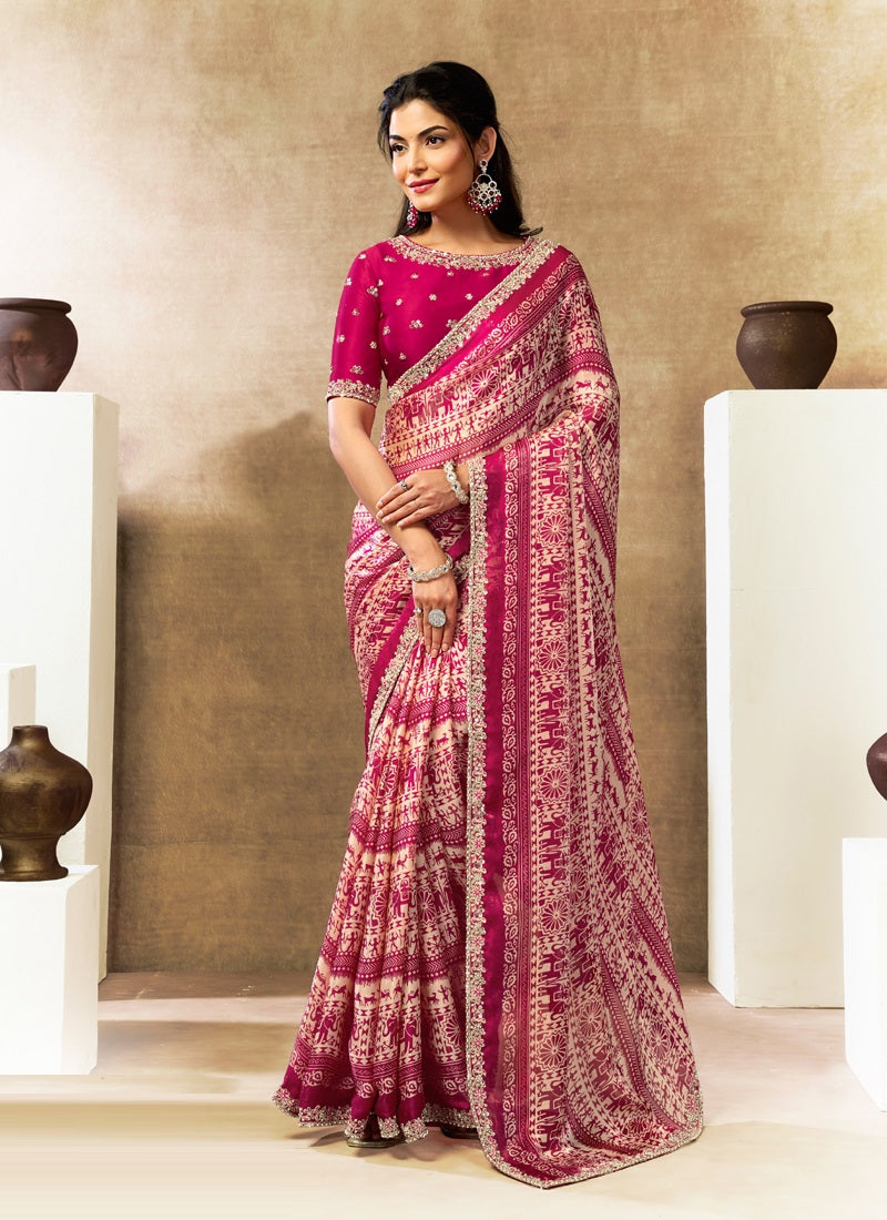 Two Tone Satin Silk Digital Print Embroidery Festival Wear Saree