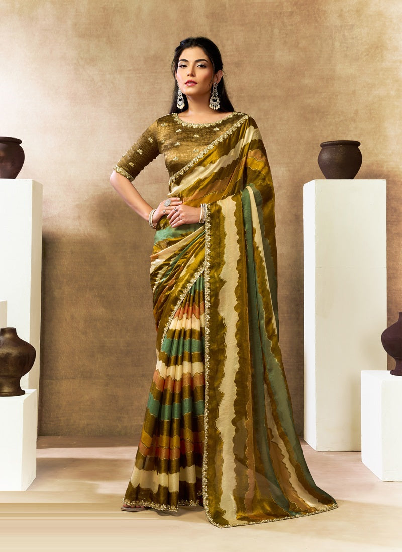 Two Tone Satin Silk Digital Print Embroidery Festival Wear Saree