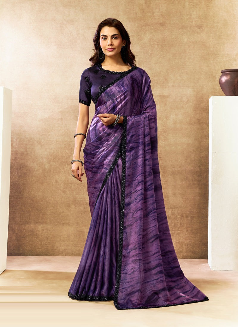 Two Tone Satin Silk Digital Print Embroidery Festival Wear Saree