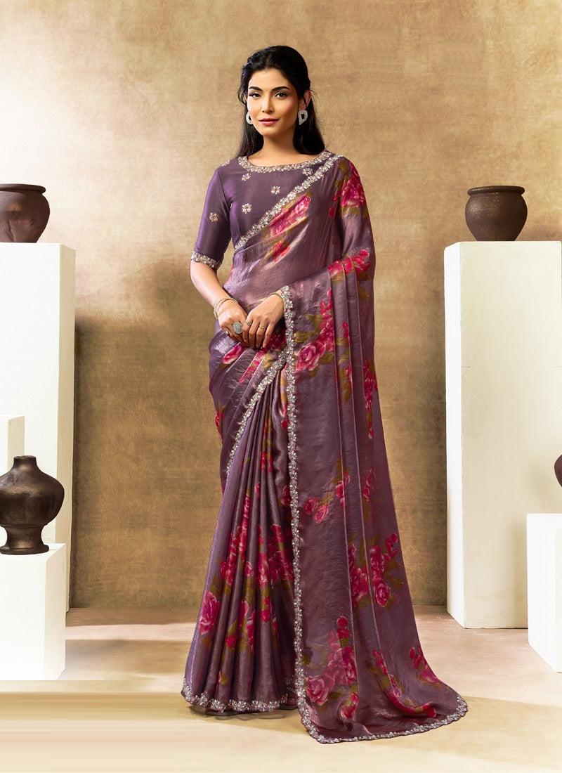 Two Tone Satin Silk Digital Print Embroidery Festival Wear Saree