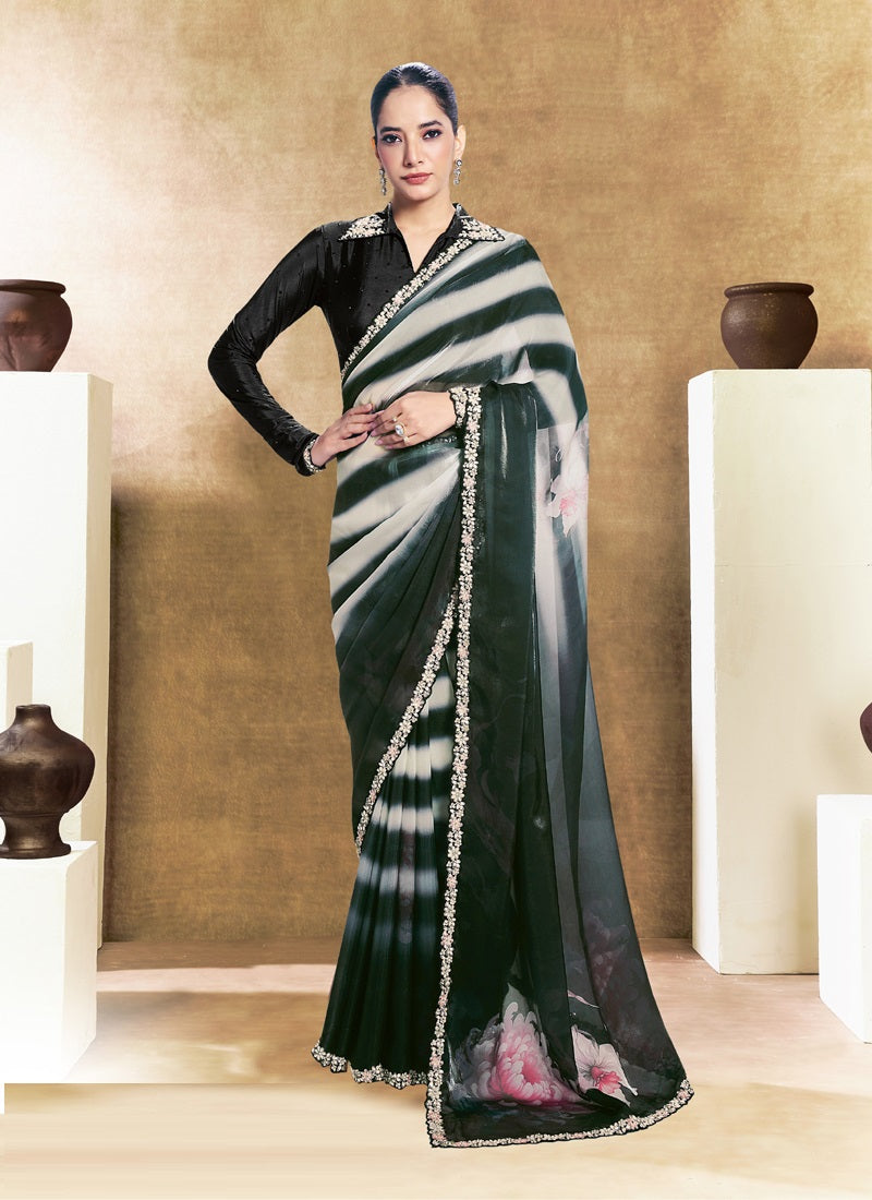 Two Tone Satin Silk Digital Print Embroidery Festival Wear Saree