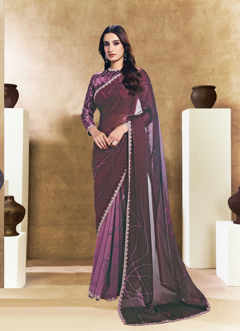 Two Tone Satin Silk Digital Print Embroidery Festival Wear Saree