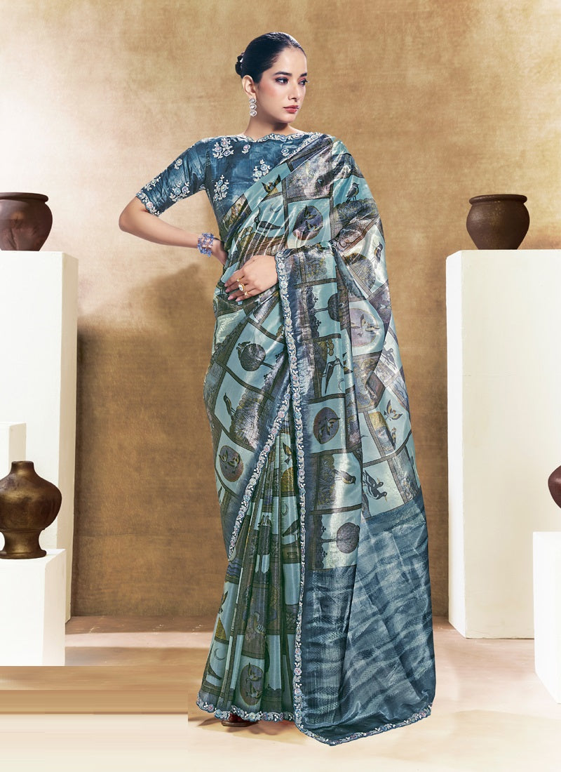 Two Tone Satin Silk Digital Print Embroidery Festival Wear Saree