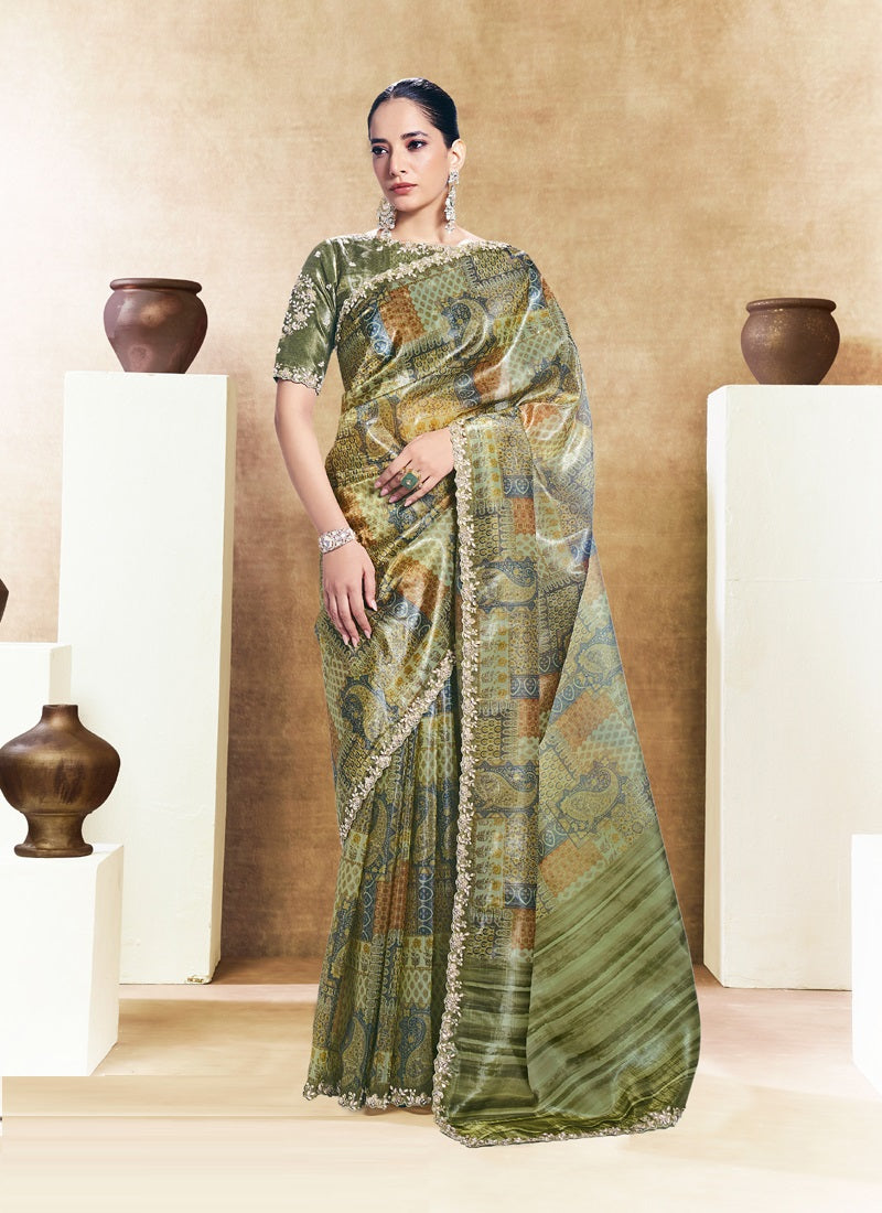 Two Tone Satin Silk Digital Print Embroidery Festival Wear Saree