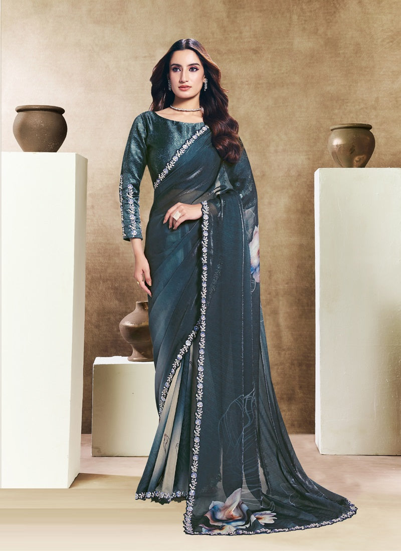 Two Tone Satin Silk Digital Print Embroidery Festival Wear Saree
