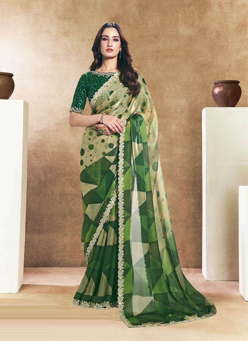 Two Tone Satin Silk Digital Print Embroidery Festival Wear Saree