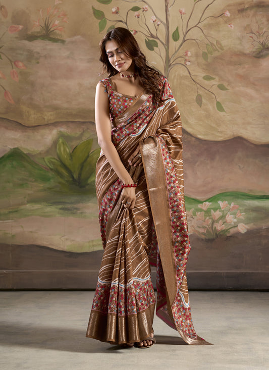 Coffee Silk Blended Printed Casual Wear Saree