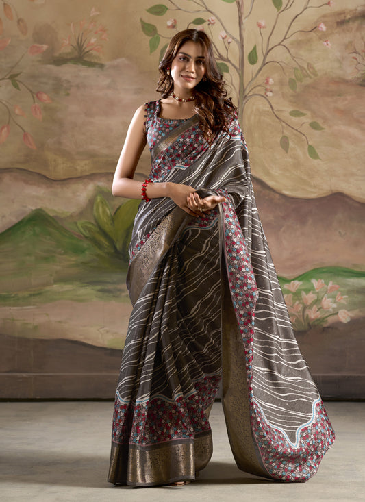 Gray Silk Blended Printed Casual Wear Saree
