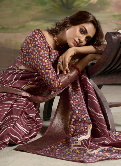 Maroon Silk Blended Printed Casual Wear Saree