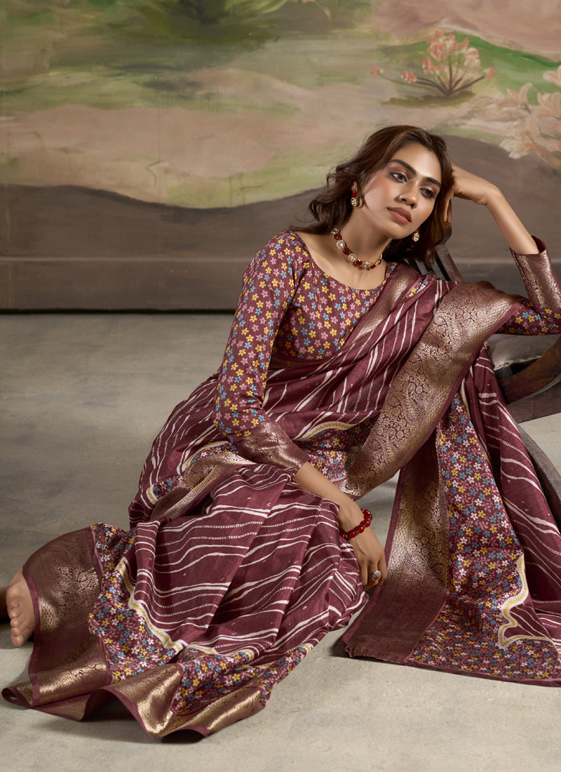 Maroon Silk Blended Printed Casual Wear Saree