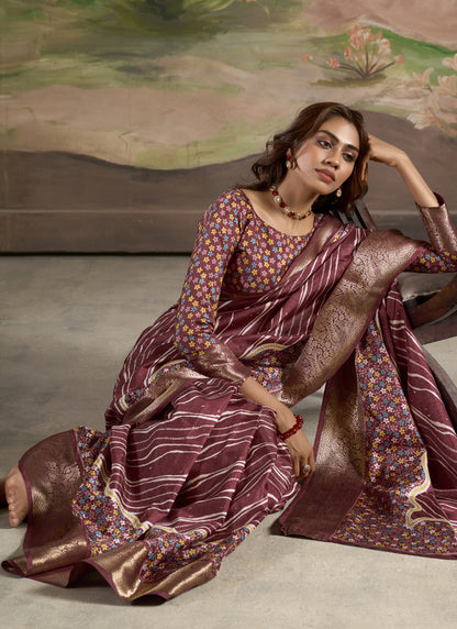 Maroon Silk Blended Printed Casual Wear Saree