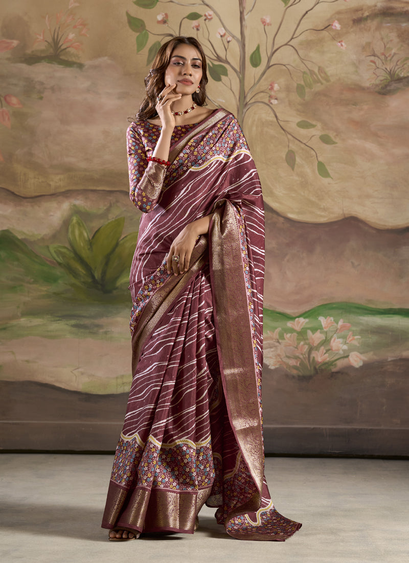 Maroon Silk Blended Printed Casual Wear Saree