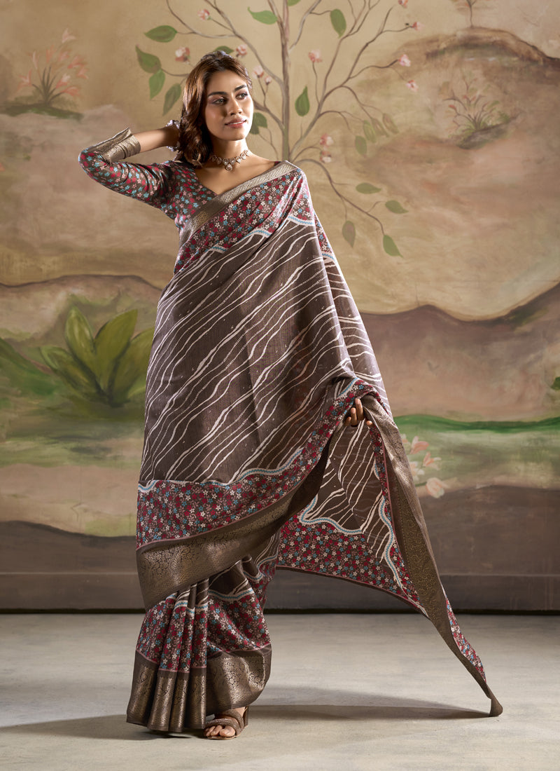 Brown Silk Blended Printed Casual Wear Saree