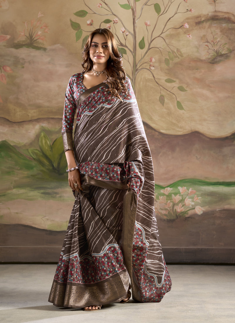 Brown Silk Blended Printed Casual Wear Saree