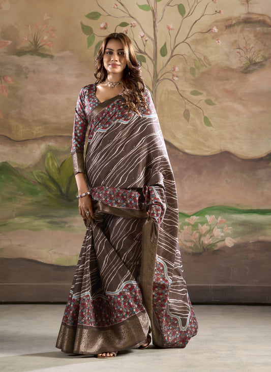 Brown Silk Blended Printed Casual Wear Saree