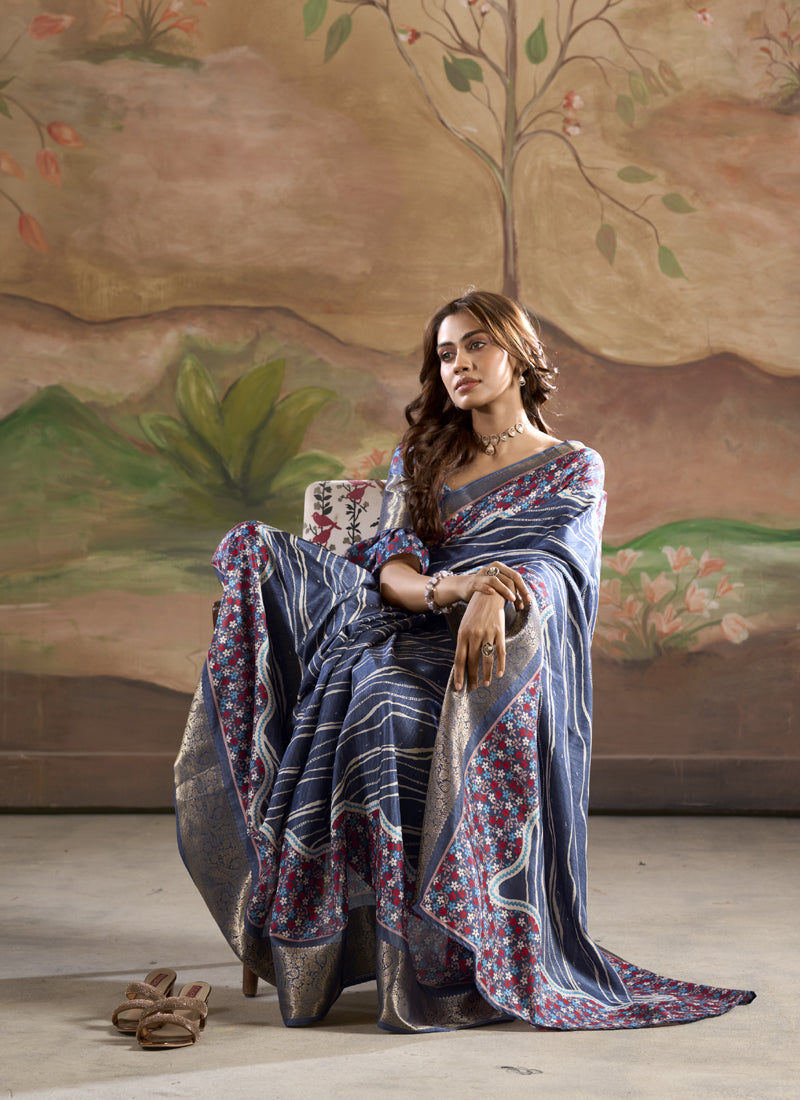 Blue Silk Blended Printed Casual Wear Saree