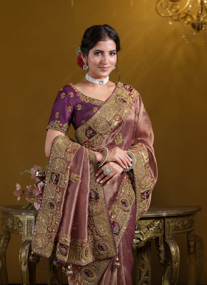 Wine & Gold Georgette With Zari Organza Silk Heavy Designer Saree