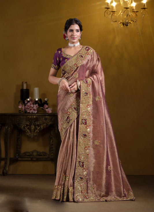 Wine & Gold Georgette With Zari Organza Silk Heavy Designer Saree
