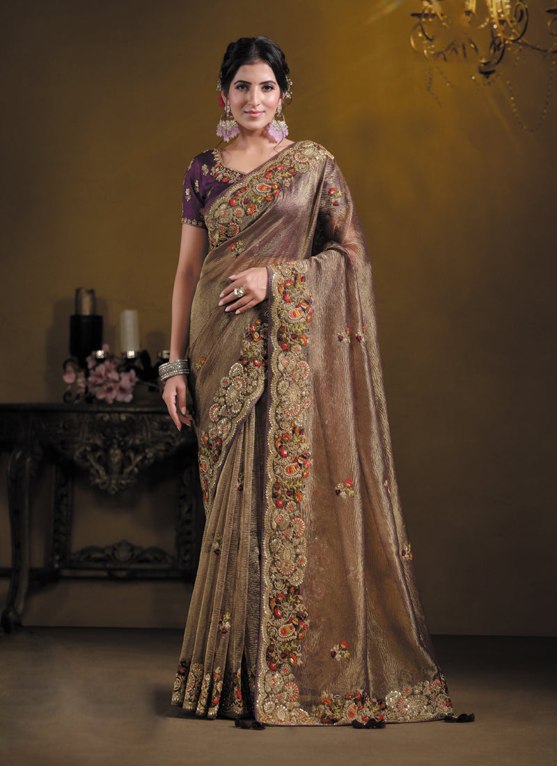 Chiku Pure Banarasi Crush Khatli Work With Sequence Heavy Designer Saree