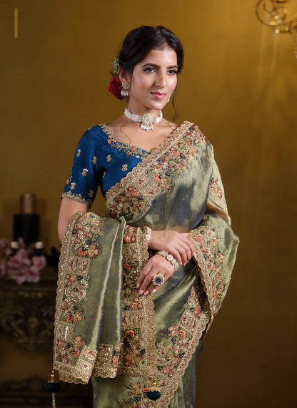 Light Olive Pure Georgette Work With Sequence Heavy Designer Saree