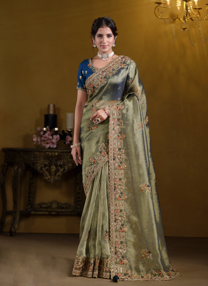 Light Olive Pure Georgette Work With Sequence Heavy Designer Saree