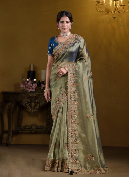 Light Olive Pure Georgette Work With Sequence Heavy Designer Saree
