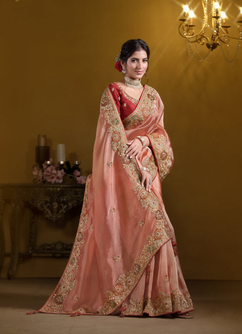 Orange Pure Twill Tissue Khatli Work With Sequince Heavy Designer Saree