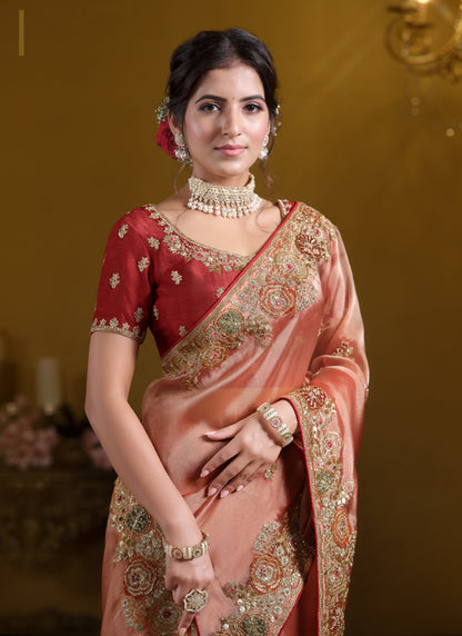 Orange Pure Twill Tissue Khatli Work With Sequince Heavy Designer Saree