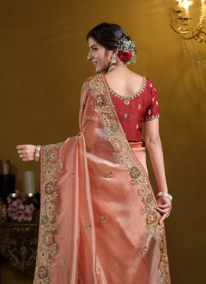 Orange Pure Twill Tissue Khatli Work With Sequince Heavy Designer Saree