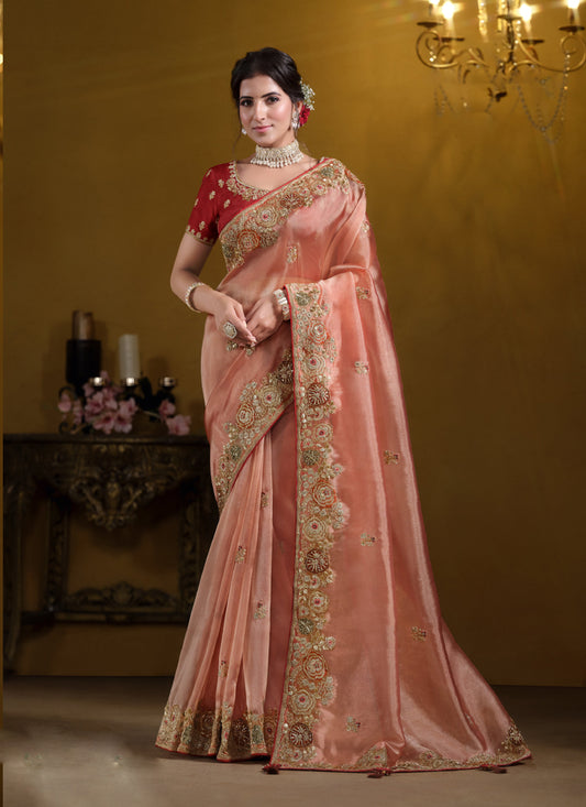 Orange Pure Twill Tissue Khatli Work With Sequince Heavy Designer Saree