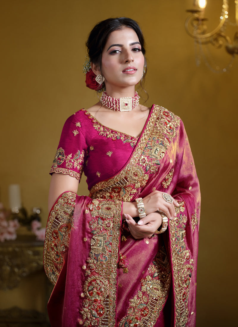 Rani Pink Zari Oranza Silk Khatli Work With Sequince Heavy Designer Saree