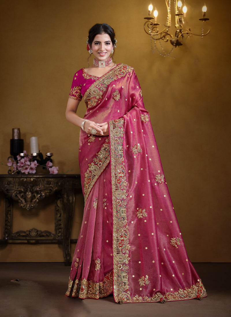 Rani Pink Zari Oranza Silk Khatli Work With Sequince Heavy Designer Saree