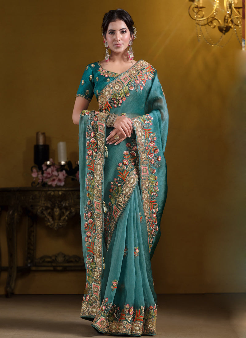 Sky Blue Pure Twill Tissue Khatli Work With Sequence Heavy Designer Saree