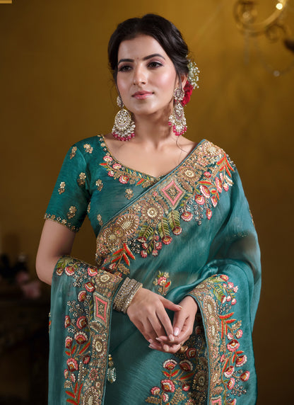 Sky Blue Pure Twill Tissue Khatli Work With Sequence Heavy Designer Saree