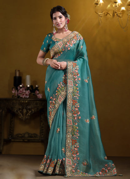 Sky Blue Pure Twill Tissue Khatli Work With Sequence Heavy Designer Saree