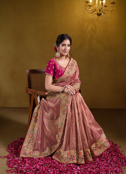 Peach Zari Oranza Silk Khatli Work With Sequince Heavy Designer Saree