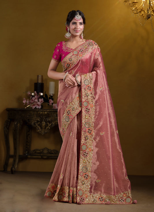 Peach Zari Oranza Silk Khatli Work With Sequince Heavy Designer Saree