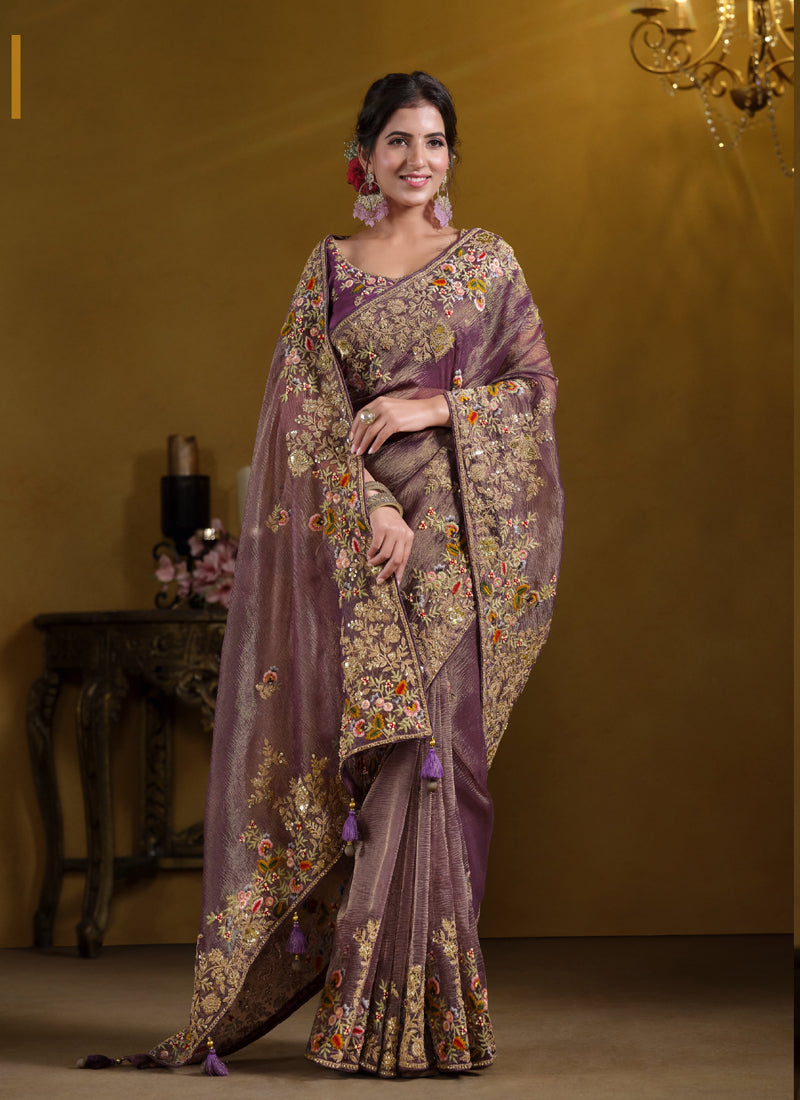 Light Purple Pure Banarasi Crush Khatli Work With Sequence Heavy Designer Saree