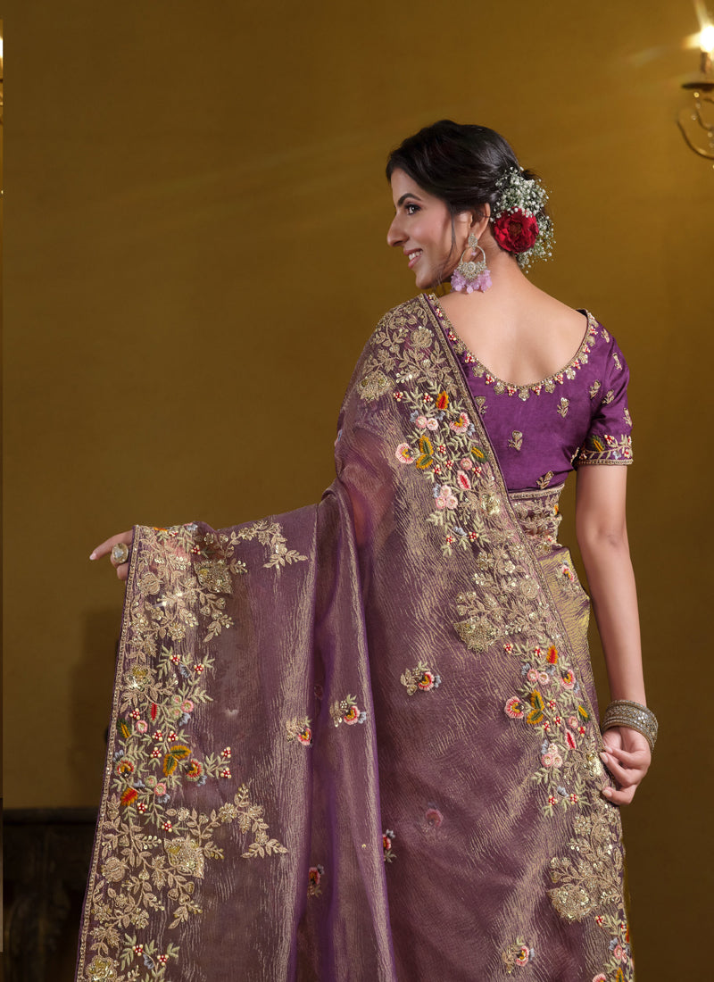 Light Purple Pure Banarasi Crush Khatli Work With Sequence Heavy Designer Saree